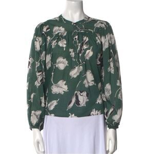 THE GREAT. Green Tale Floral Vintage Inspired Smocked Blouse